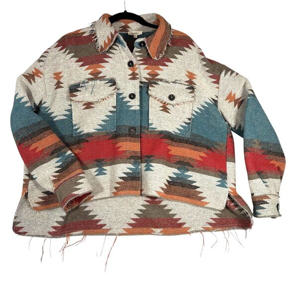La Miel  Blanket Shirt Jacket Boho Southwest Aztec Shacket Distressed - Picture 1 of 10
